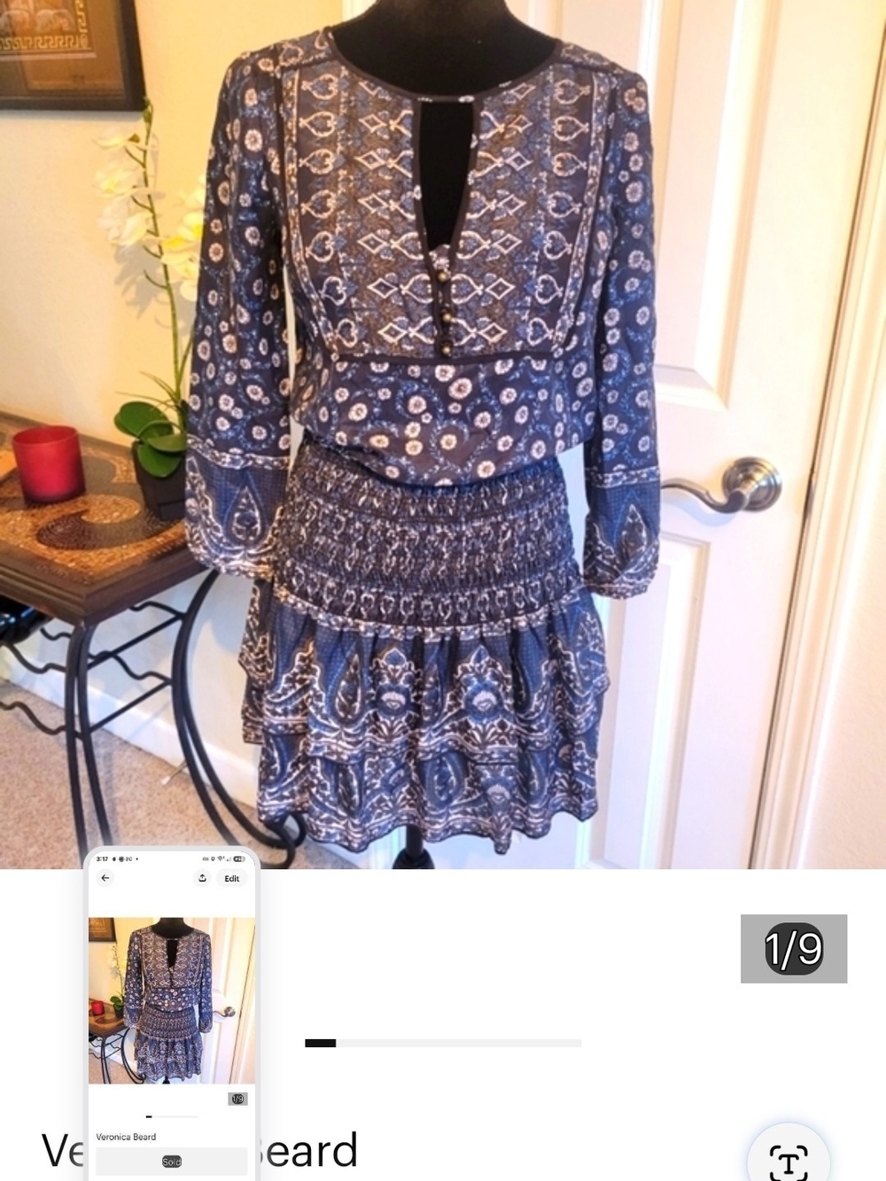 Veronica Beard Navy Paisley Print Long-Sleeve Tiered Dress